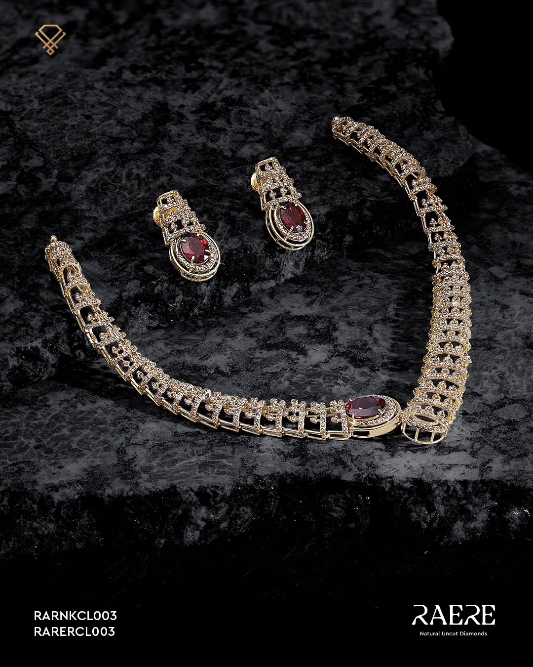Raere natural uncut diamond necklace with ruby centrepiece on dark slate
